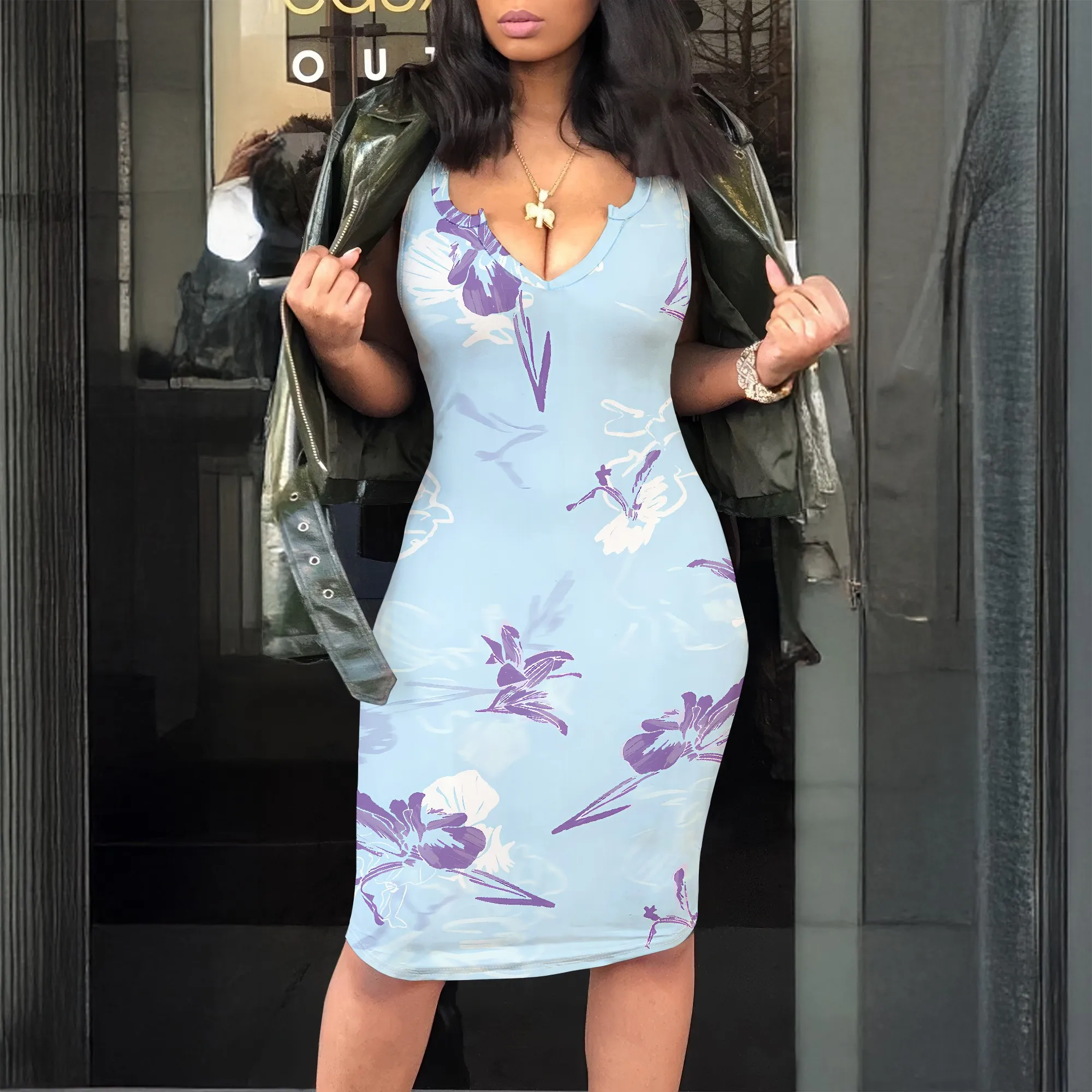 

Floral Tank Dress, Purple Flower Print Bodycon Midi Dress, V-Neck Sleeveless Summer Party Dress for Women, S-2XL