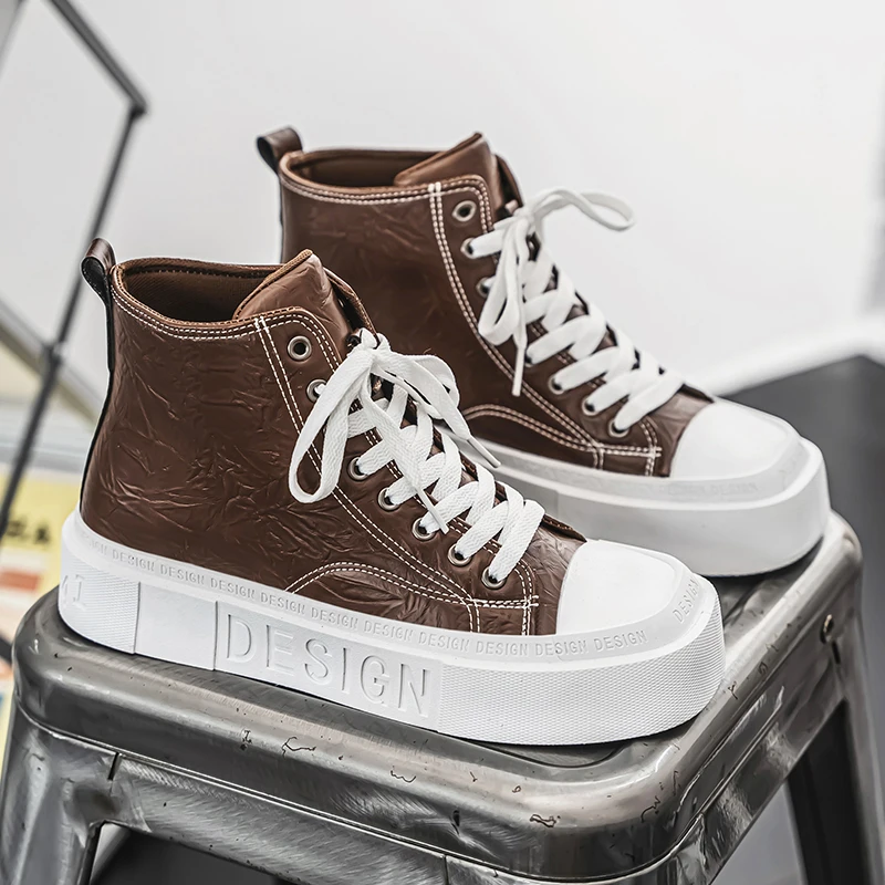 

High Top Leather Casual Sneakers Men Fashion Street Platform Designer Shoes Men Retro Brown Comfortable Men's Skateboard Shoes