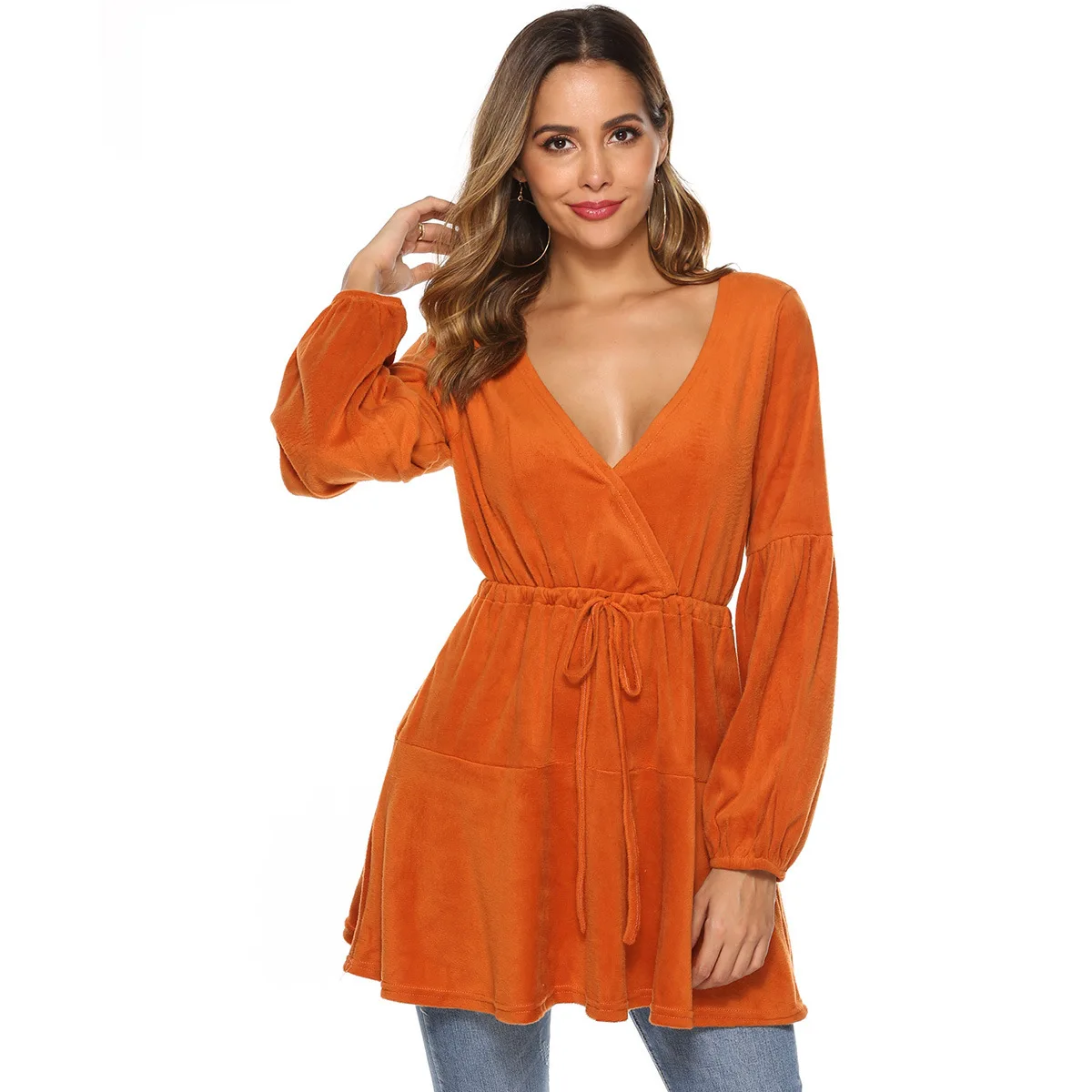 

European And American New Cross V-neck Waist Straps Knitted Dress Plush Long-sleeved Jacket Women 9373