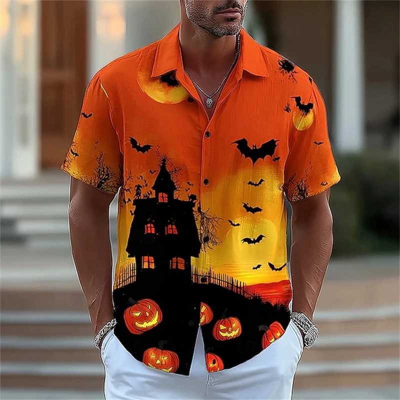 

2025 New Men Halloween Pumpkin House Print Short-sleeved Scary Pumpkin Bat Pattern Orange Casual Button Shirt Plus-size Clothing