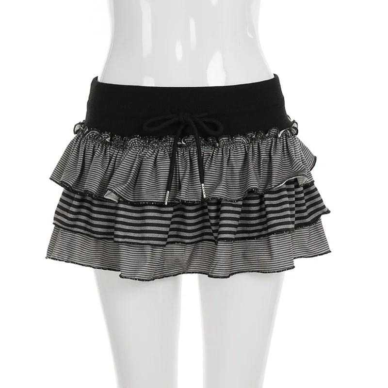 Gonna a righe di colore dolce a contrasto per donna 2026 Primavera nuova gonna a torta con foglie di loto con giunture a vita bassa