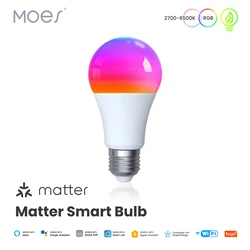 MOES Tuya materia WiFi inteligentna żarówka ściemnialna lampa Led 16 milionów kolory RGB E27 lampa świeca sterowanie głosowe Alexa Google Home