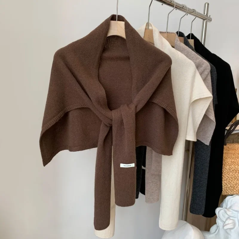 Autumn Pure Wool Knit T-Shape Shawl Warm Neck Cape Scarf Outerwear Women EU US Style