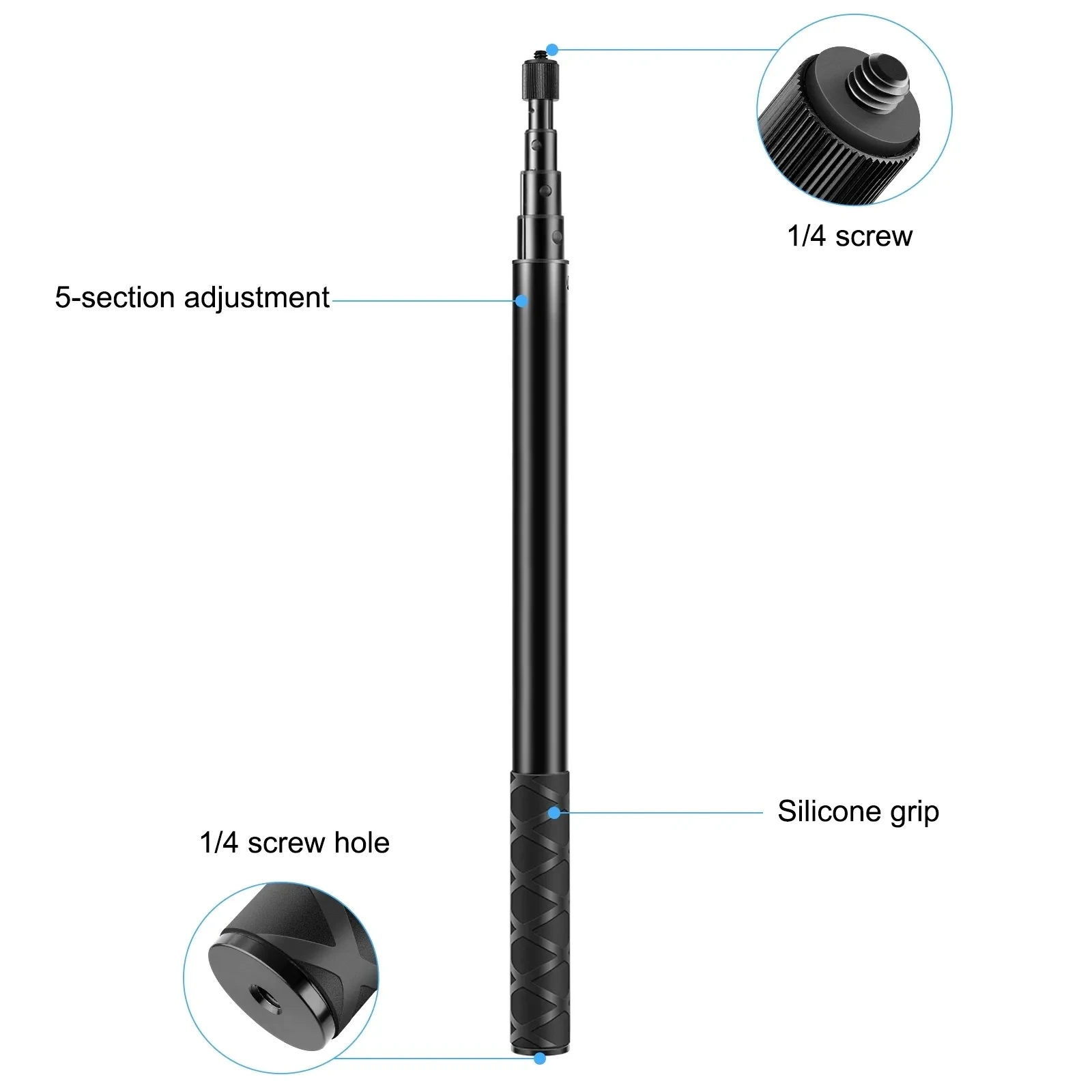 PULUZ 110cm Handheld Retractable Selfie Stick Stand with Adapter Base 1/4 Screw for Insta360 One RS X3/X2 Panoramic Sport Camera