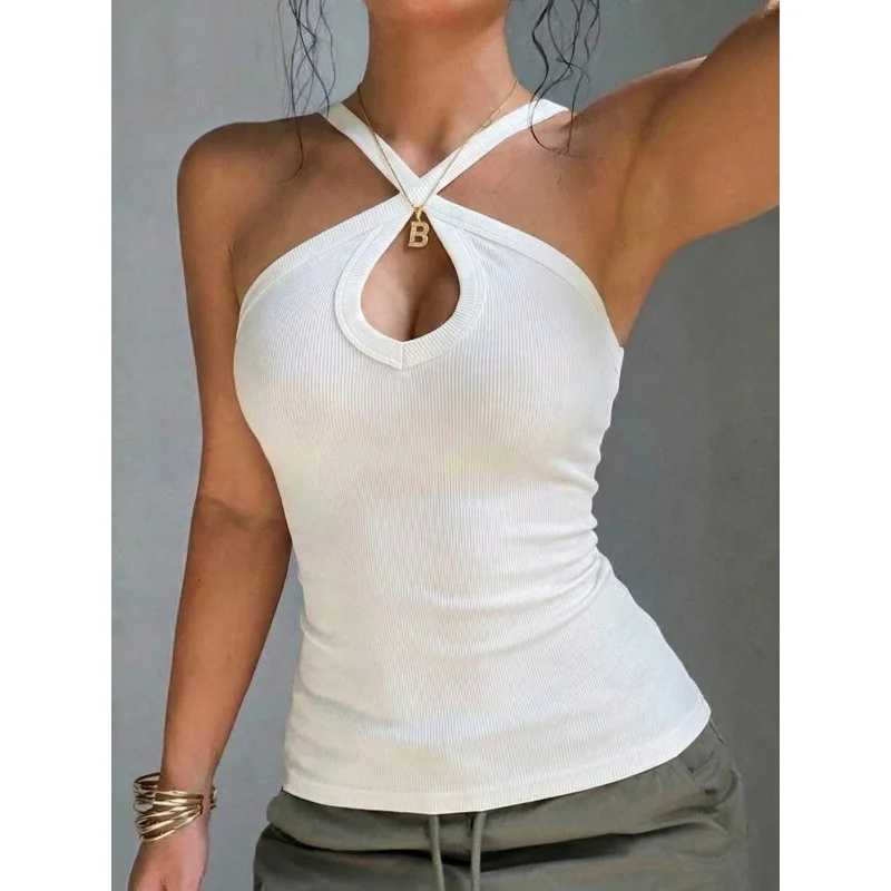 

A Women'S-Strap Hollow Back Top, Soft And Stretchy Sleeveless-Shirt Base Layer, Y2K Style Ribbed Fitted