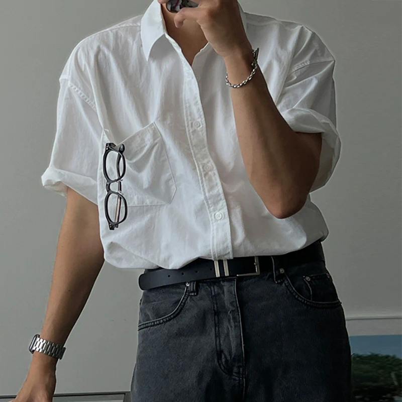 

Old Money Aesthetic Solid Color Shirt Vintage Pockets Turn-down Collar Button Shirts Summer Daily Casual Short Sleeve Mens Shirt