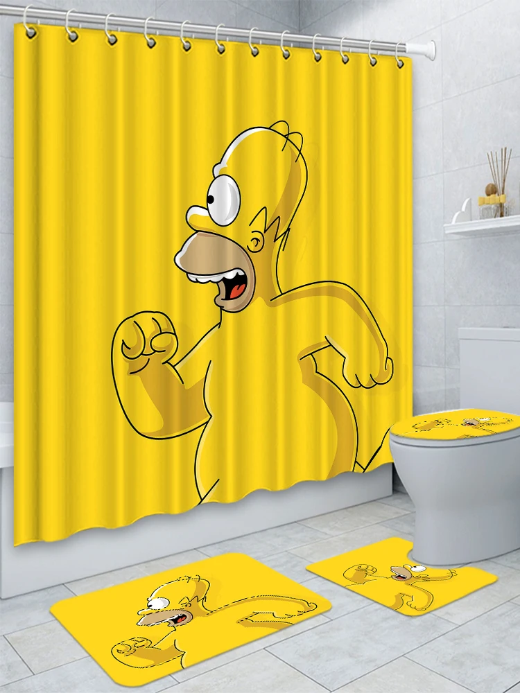 4 Pcs Funny Cartoon Character Running Yellow Background Bathroom Set Waterproof Shower Curtain Toilet Cover Mat Non Slip Rug