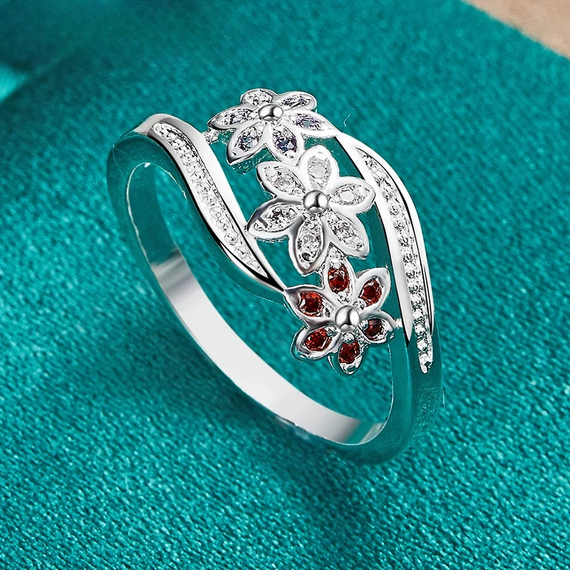 

925 Sterling Silver Fashion Charm Red White Purple Zircon Flower Ring For Women Bridal Wedding Bands Jewelry Accessories