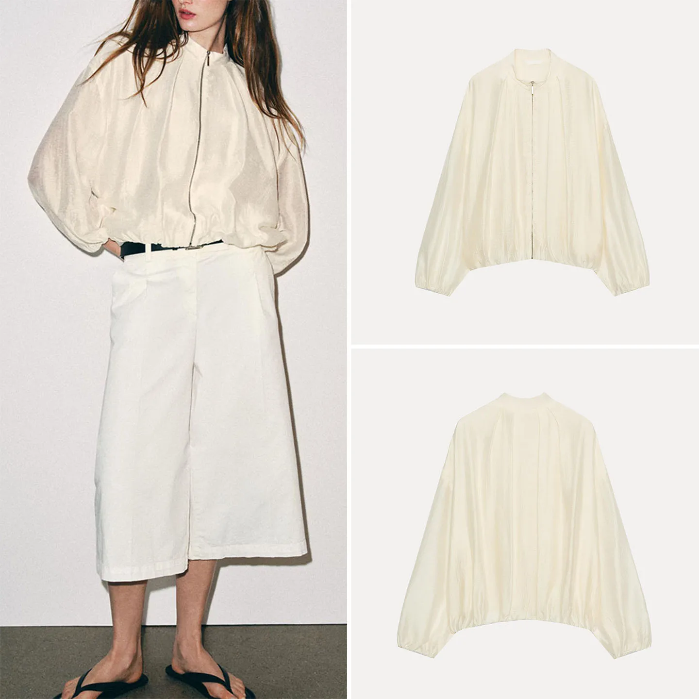 Fashionable Long Sleeve Pleated Pilot Jacket Outerwear Women's Autumn Casual Loose Fit Zipper Closure No Hat Included