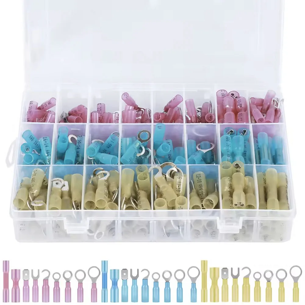 135PCS Heat Shrink Wire Connectors Ring Fork Hook Spade Butt Splices Electrical Terminals Assortment Kit Car Crimp Connector