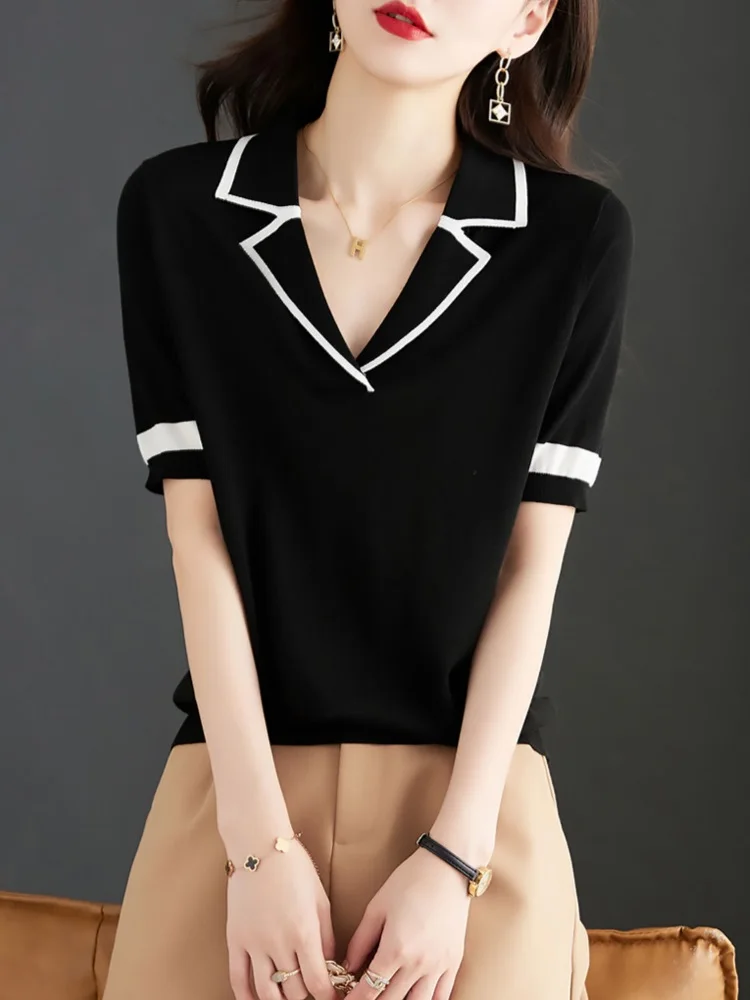 TuangBiang 2023 Summer Black White Patchwork Cotton Pullover Polo Collar Short Sleeves Knit Thin Sweater Women Sexy Fashion Tops