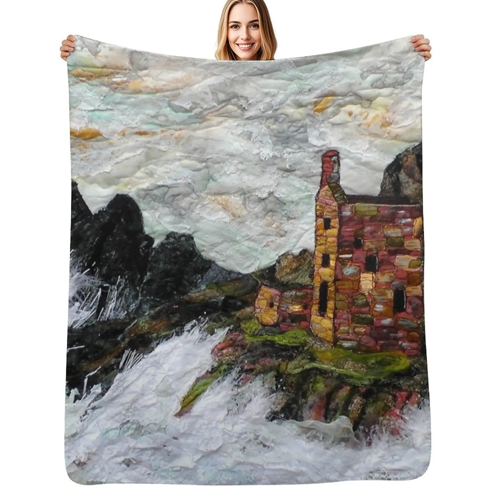 Engine Houses at Botallack Cornwall. Textile Art Throw Blanket Tourist Personalized Gift Custom Blankets