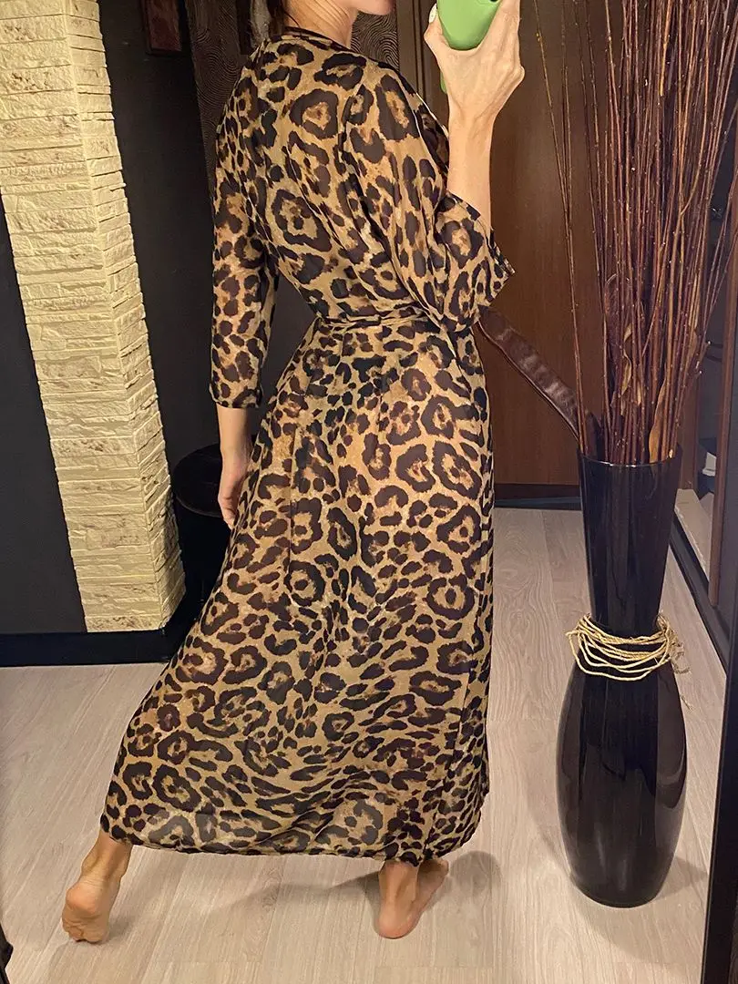 New Sexy Leopard Printed Beach Cover Up Chiffon Cover-ups Swimwear Beach Wear Summer Beachwear Female Women Long Dress V3219