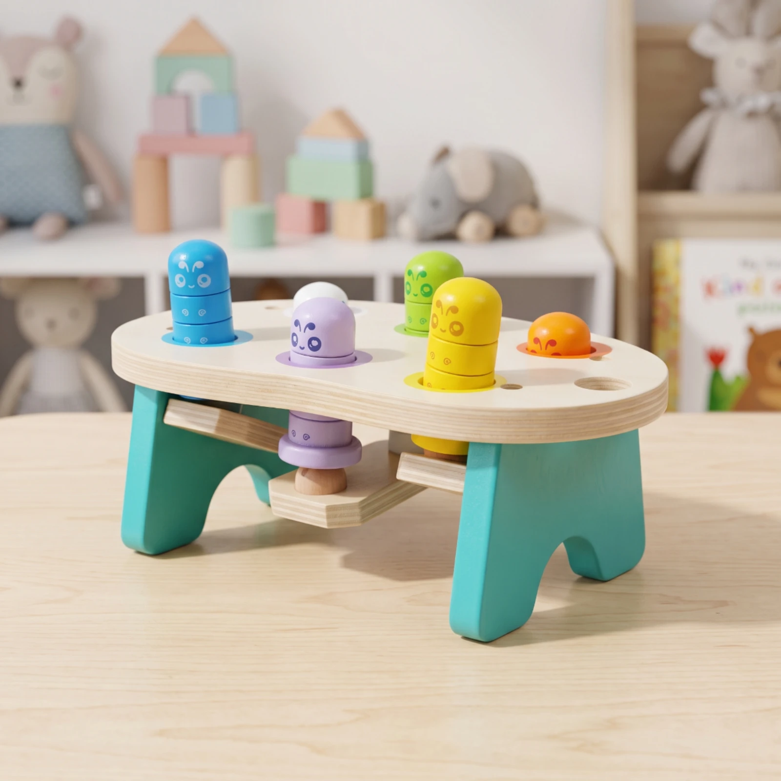 Wooden Pounding Toy Interactive Wooden Toy with Mallet Whack-Apop-up Critter Game Early Learning Pounding Bench with Mallet