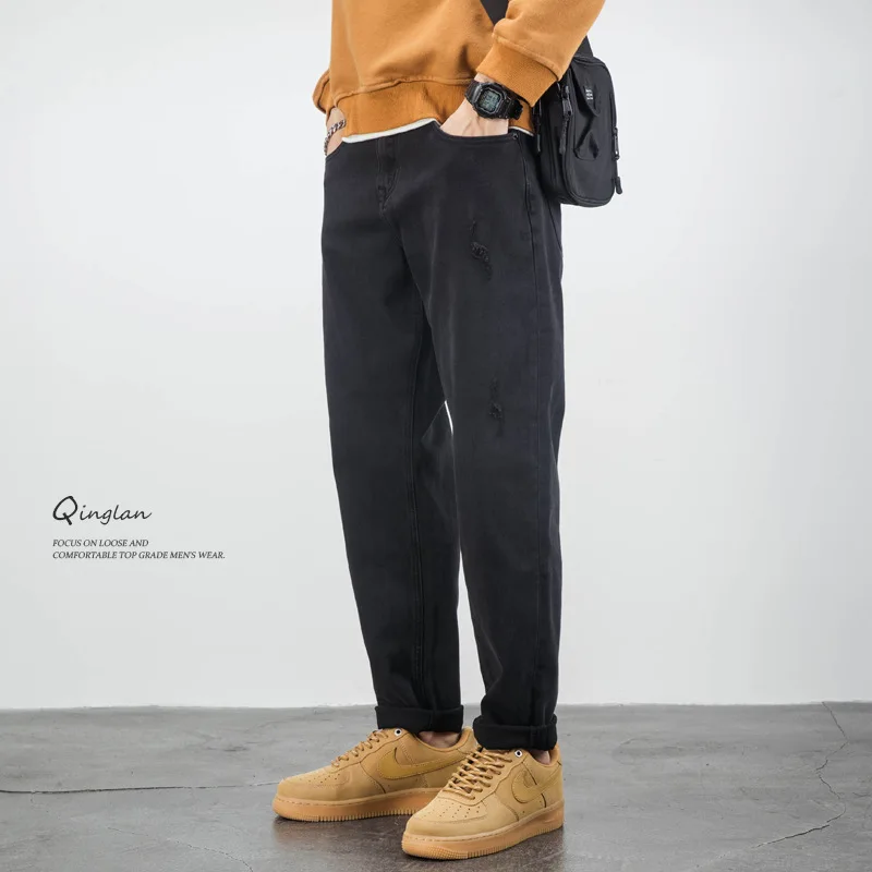 

Черные джинсы мужские свободные прямые повседневные большие размеры осенние зауженные эластичные брюки осень зима корейский стиль брюки High Street