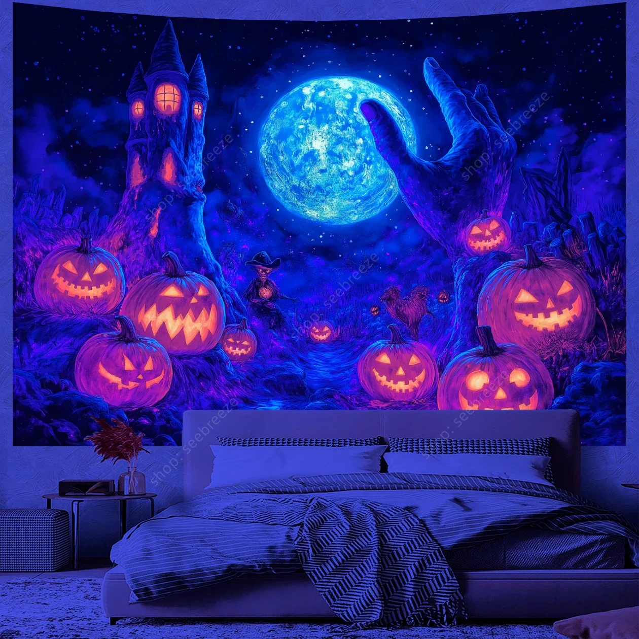 Halloween Themed Wall Art UV Reactive Tapestry Pumpkin Day Decorative Wall Hanging Festival Decoration Props Gift for Friends