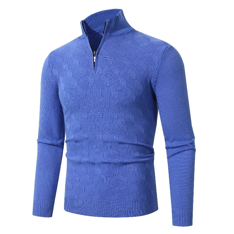 New Men's Semi High Neck Zipper Solid Color Pullover for Autumn and Winter, High-end Plus Size Trendy Jacquard Sweater