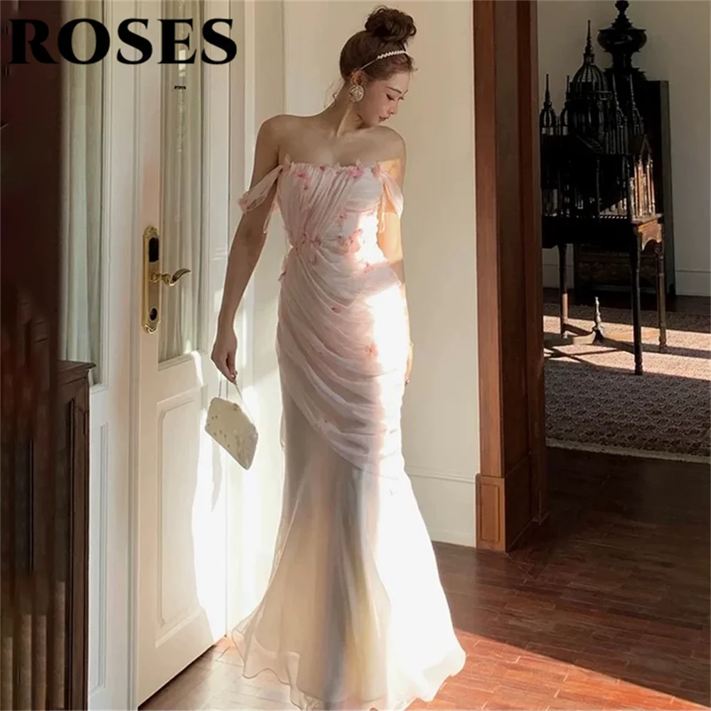 

ROSES Pink Elegant Prom Dresses Appliques Lace Strapless Formal Gown Pleats Trumpet Off the Shoulder Evening Dress Customized