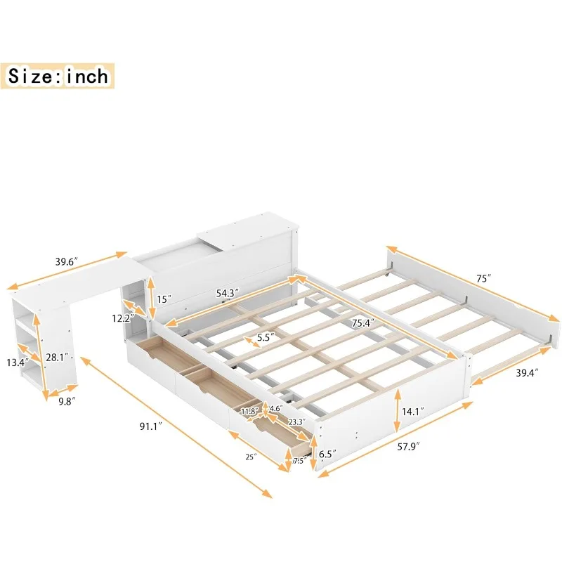 Holz Plattform bett in voller Größe mit Kopfteil mit eingebautem Rolls ch reibt isch mit Ausziehbett und Schubladen, keine Box spring fläche erforderlich, weiß