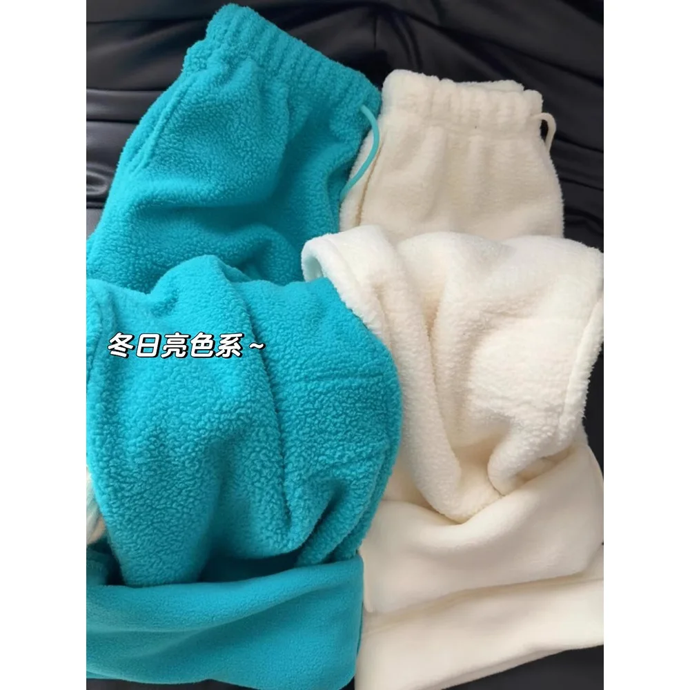 Thickened Double-sided Fleece Drawstring Cuffed Straight Leg Two-wear Sweatpants Women's Casual High Waist Winter Pants