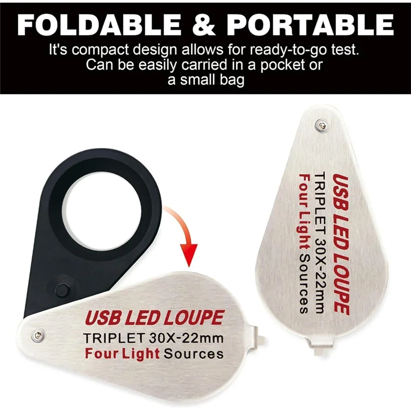 -A89Z 30X Jewelers Loupe Magnifier USB Rechargeable With UV & LED Lights, Four Types Of Light For Gemstone, Coins, Stamps