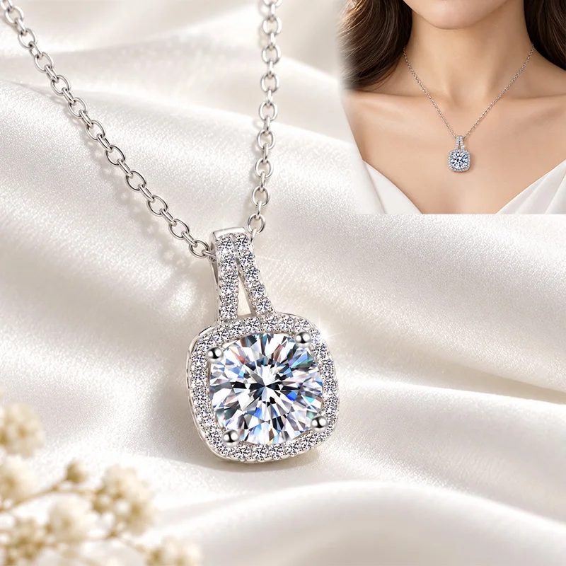 925 Sterling Silver Bridal Pendant Necklace For Decoration Fashion Square CZ Crystal Bezel Setting Women Girls Party Engagement