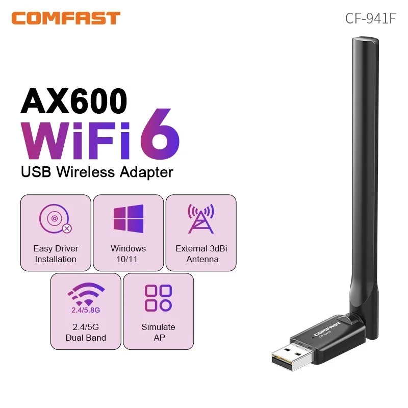 

COMFAST AX600 WiFi6 Adapter 2.4G&5G 572Mbps Network Card 802.11ax Driver Free 3dBi Antenna USB Dongle for Win 10/11 PC Laptop