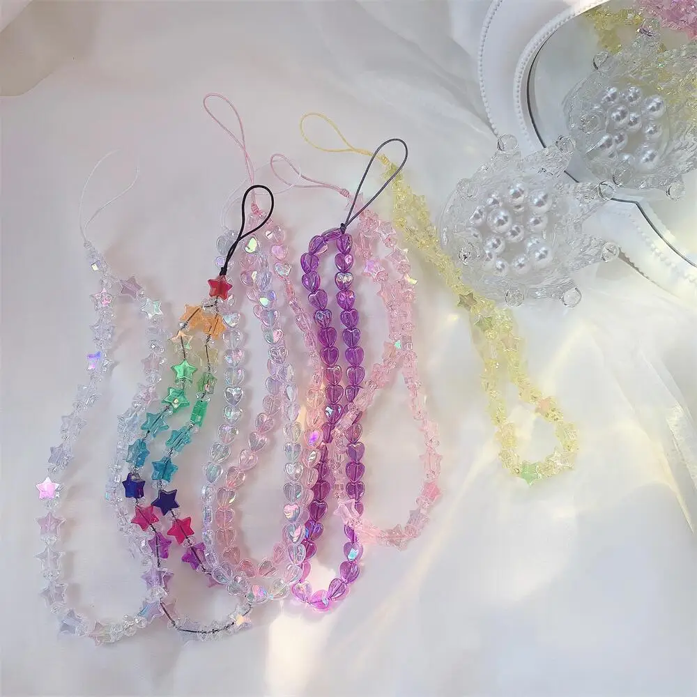 Cute Star Beaded Phone Chain Acrylic Beaded Korea Phone Pendant Lovely Coloful Anti-Lost Phone Chain Hanging Jewelry Girl Gift