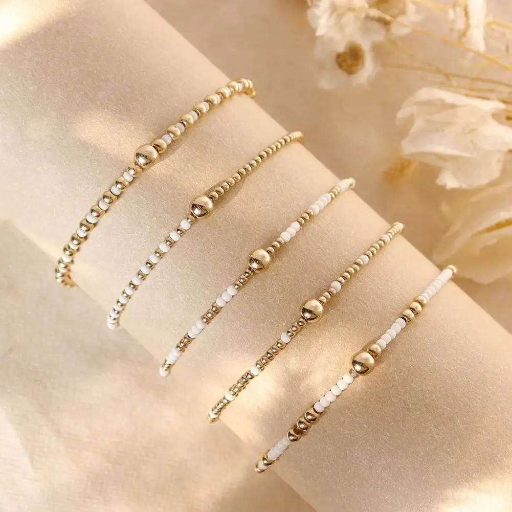 Colorful Bead Jewelry 5pcs Beaded Bracelet Stack for Women Tiny Beads Elastic Stretch Bracelets Boho Jewelry for Teenage