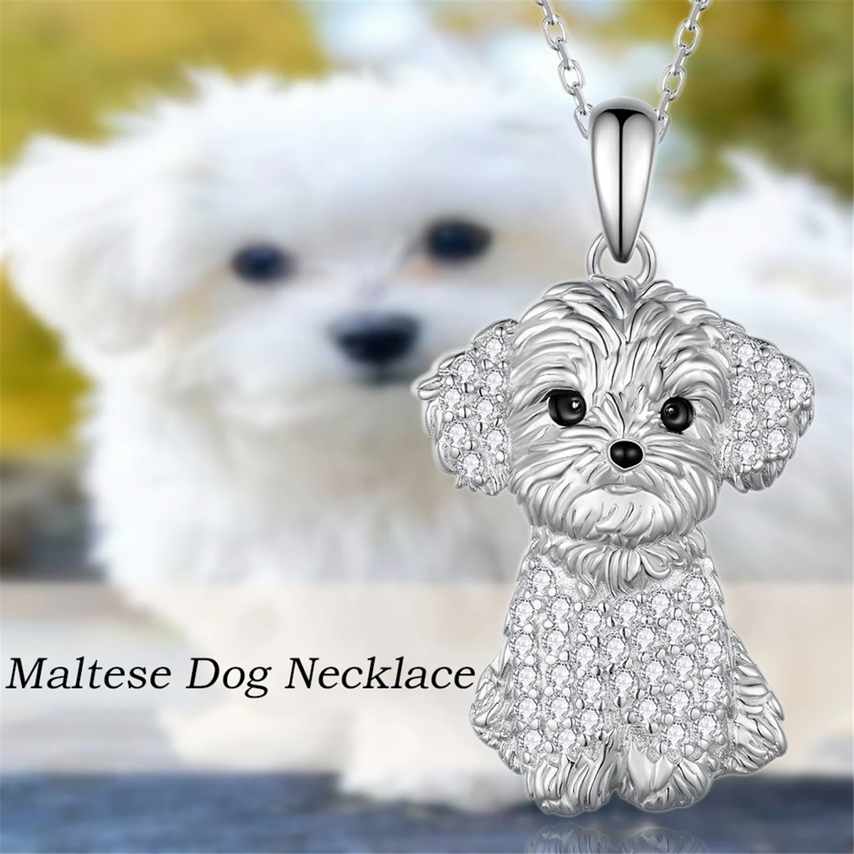 1Pc Cute Maltese Dog Rhinestone Necklace Exquisite Pet Puppy Memorial Jewelry Dog Lover Holiday Birthday Gift