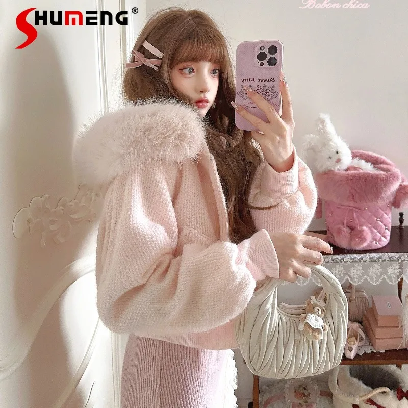 2024 Autumn Winter New Jaquetas Wool Velvet Hooded Big Fur Collar Short Coat Pink Color Long Sleeves Zipper Chaquetas De Mujer