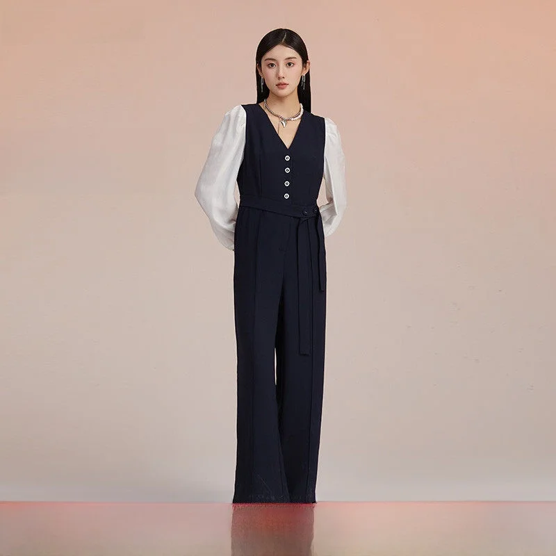 

Женский комбинезон Ele с V-образным вырезом и длинными рукавами, с эффектом утяжки талии, весна-осень, высокое качество, модный цельный костюм