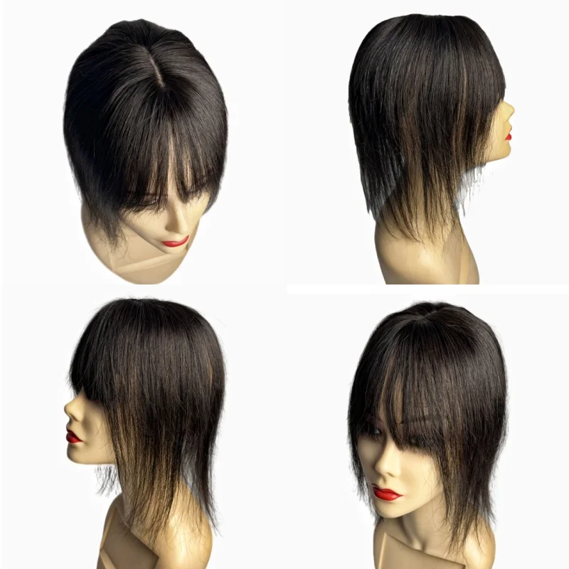 Real Human Hair Toppers with Bangs for Women PU Lace Base Hair Toppers for Women with Thinning Hair Realistic Scalp Line
