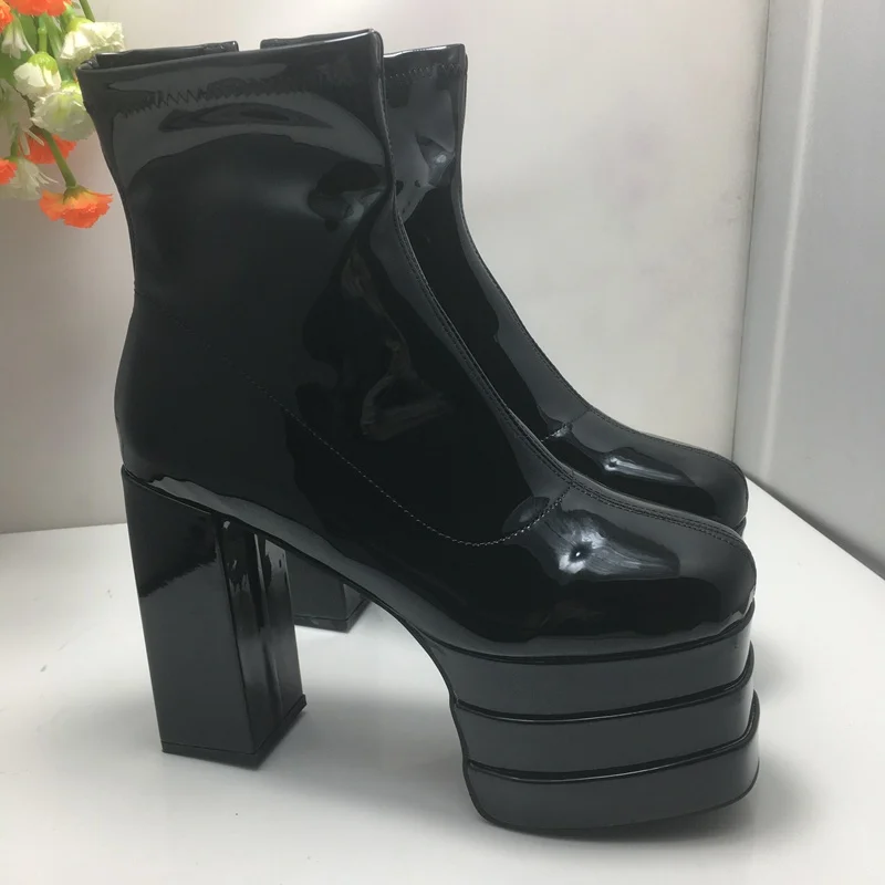 ASILETO Fashion Women Ankle Boots Square Toe Block High Heels 14cm Platform Hill 7.5cm Zipper Party Booty Large Size 44 45 46