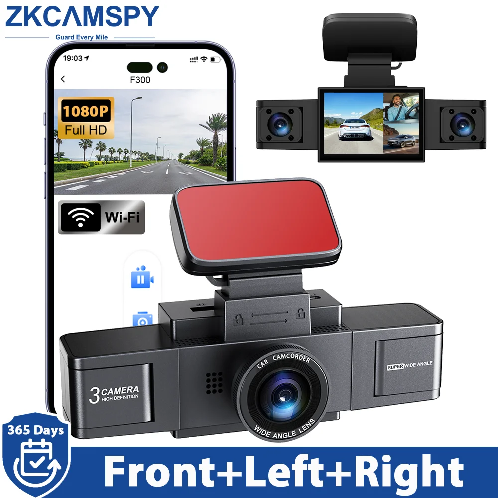 ZKCAMSPY Dashcam WiFi 3 Lens 1080P Car DVR Black Box Vehicle Video Recorder 24h Parking G-Sensor Loop Recording Dash Camera