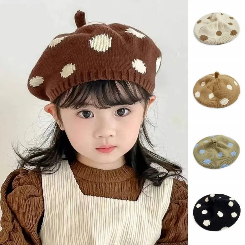 Wind Resistant Polka Dot Beret Stretchy Fabric Warm Knit Knitted Beret Round Shape Casual Painter Beret Kid Daily Wear