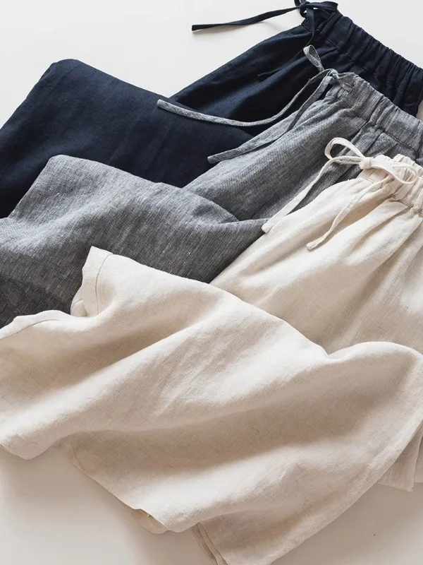 Pantaloni casual versatili a vita alta a gamba larga da donna Estate 2025 Lino giapponese Sle Pantaloni semplici da sette piedi larghi