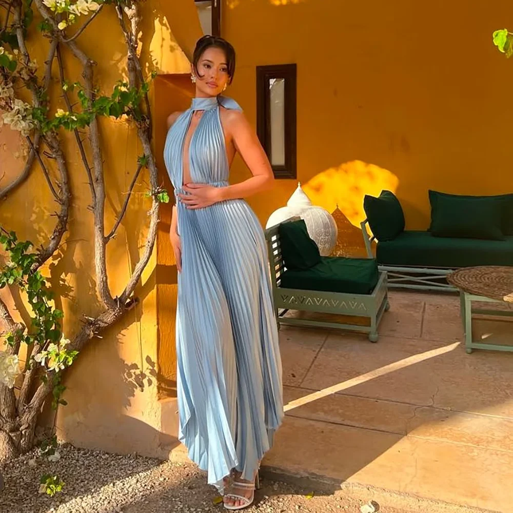 

Небесно-голубое платье для выпускного вечера с вырезом на шее, без рукавов, длиной до пола, плиссированная юбка, банкетное вечернее платье на заказ