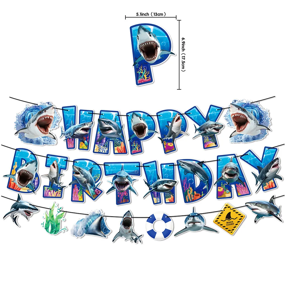 Set di compleanno di palloncini per topper per torta con decorazioni per feste a tema squalo