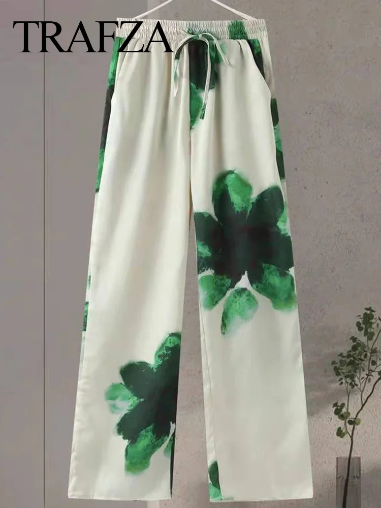 TRAFZA 2024 Female Print Pants Sets Green Blue Floral Stain Long Sleeve Shirt+Elastic Waist Lace-Up Pants Woman Sets Beach Style