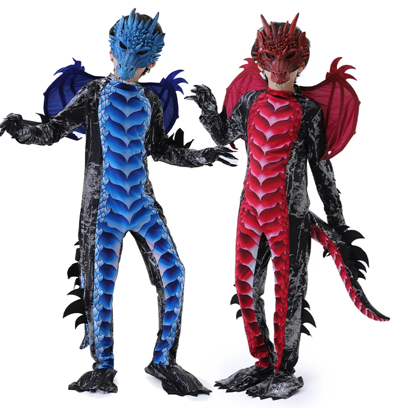 2025 New Arrival Dragon Jumpsuit With WIng And Mask Halloween Outfit Child Boys Black Blue Dragon Costume
