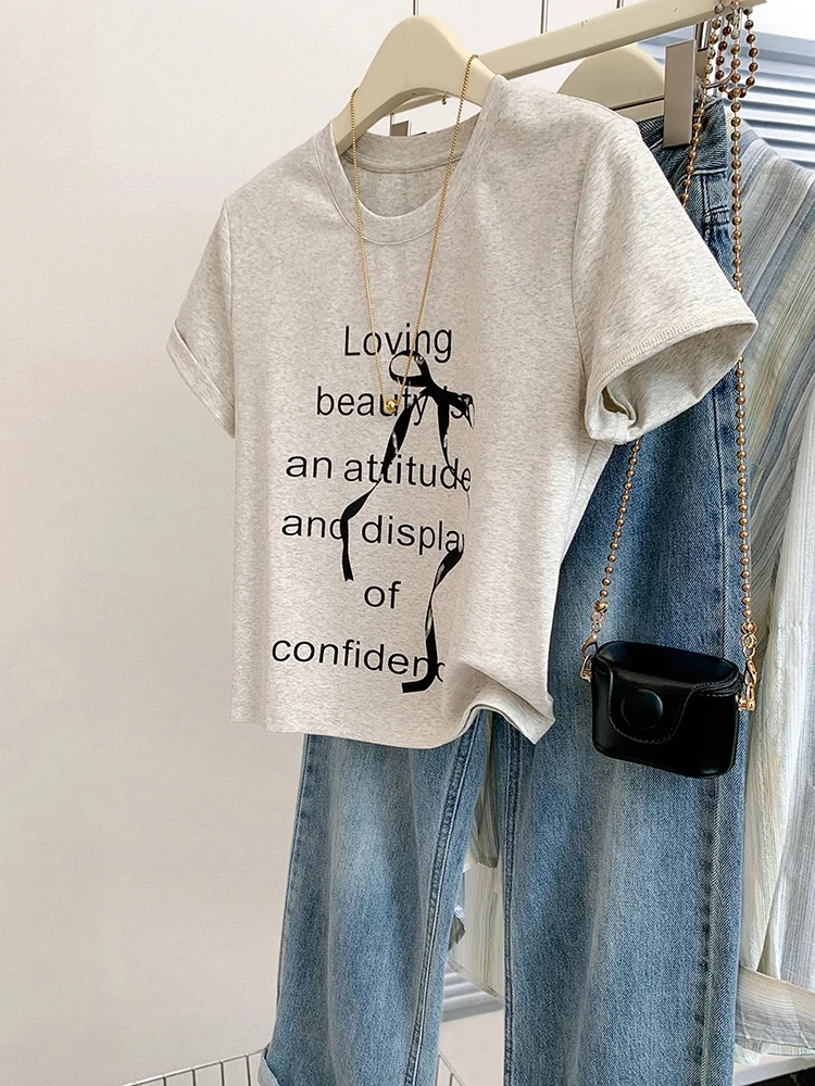 

Korean Style Chic Design Tops 2024 New Women T-shirt Bow Printing O Neck Short Sleeve T-shirts Fashion Slim Top