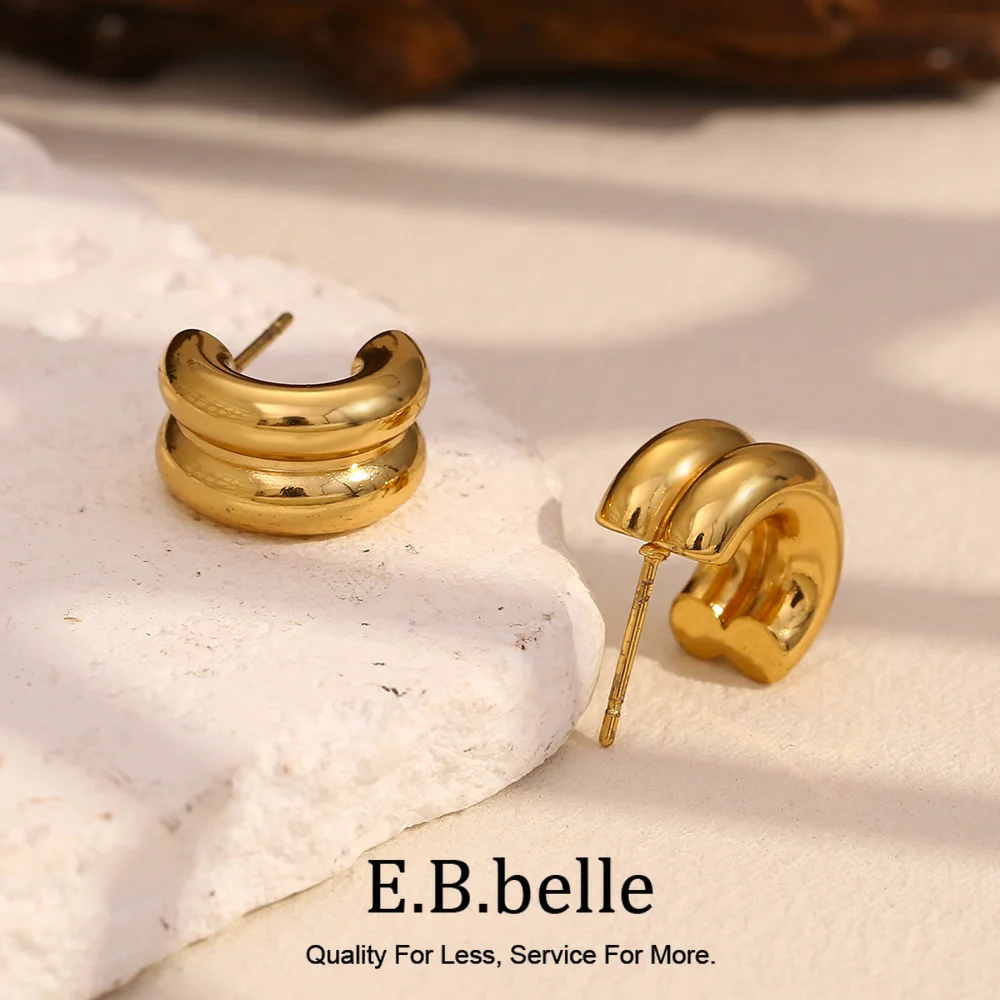 E.B.belle Minimalist Style C-shape Earring For Ladies 18K Gold Plated Stainless Steel Smooth Basic Jewelry Gift