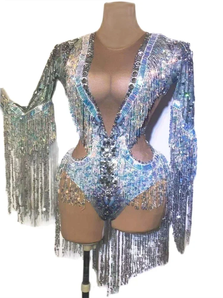 Vrouwen Perspectief Sexy Body 2026 Shining Silver Rhinestones Kwastje Turnpakje Pole Dance Latin Stage Drag Queen Kostuum Bar DJ