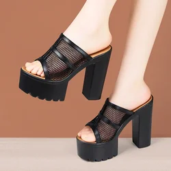 14cm Small Size 33-43 Breathable Mesh Leather Slippers Chunky Platform Shoes 2026 Summer Block High Heels Slides Office Model