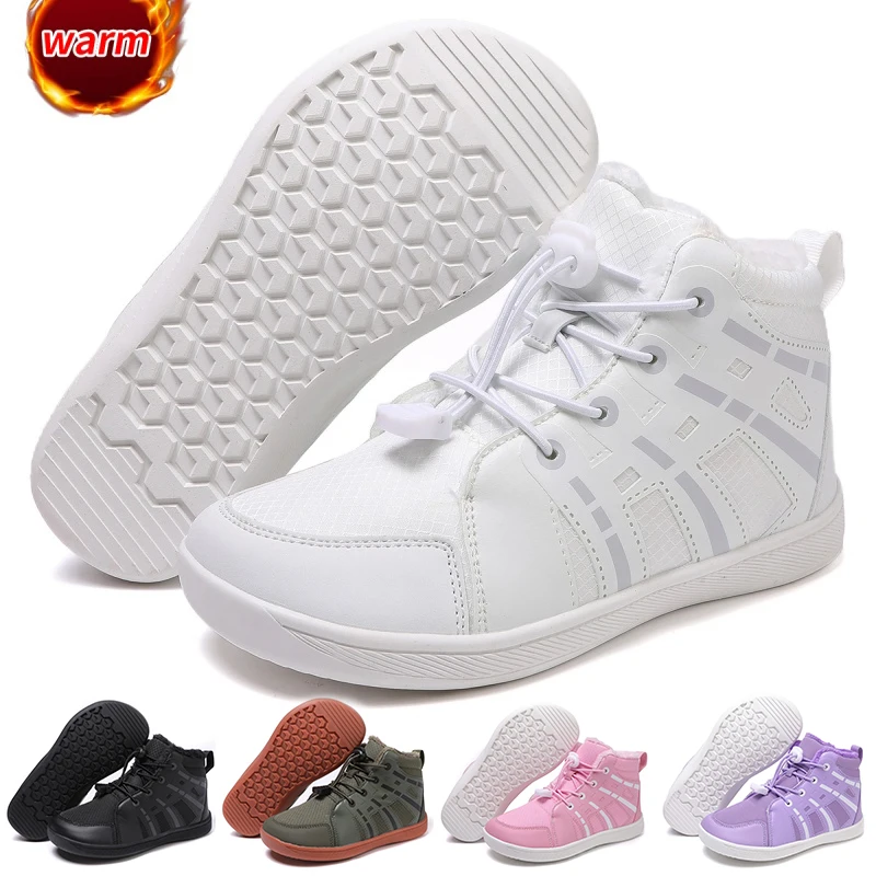 

Детская обувь босиком для девочек и мальчиков, зимние зимние ботинки с широким носком и меховой подкладкой, теплые нескользящие минималистичные высокие зимние ботинки