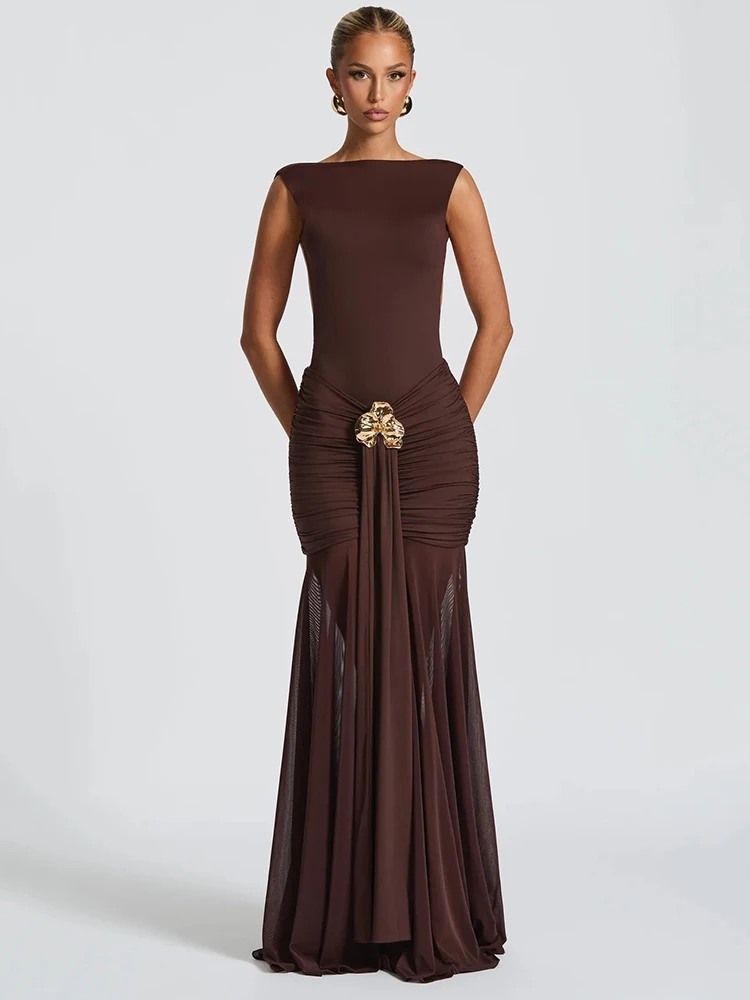

Elegant Sleeveless Stretch Tight Long Dress For Women Sexy Backless Bodycon Party Club Pleated Female 2025 Evening Dress