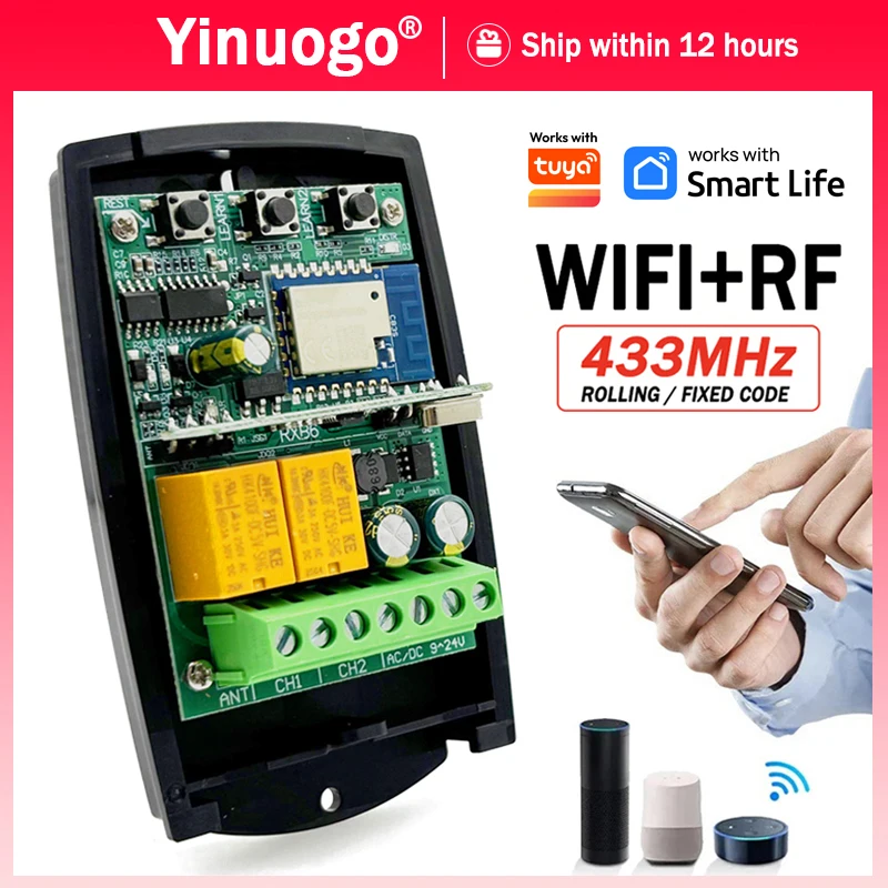 Universal 433MHz Garage / Gate Remote Control Receiver Works With Tuya Wifi Smart Switch Module 2CH Relay 433.92MHz Gate Opener