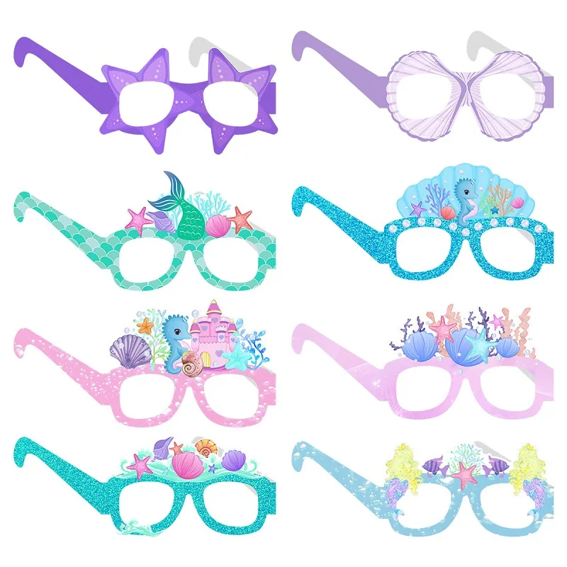 8 Uds. Gafas de papel para fiesta de cumpleaños de sirena, accesorios para fotos bobo del mundo submarino de verano