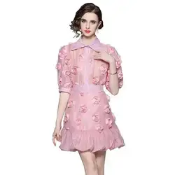 3D Flower Embroidery Two Piece Set Women Dress Suits 2023 Summer Floral Shirt + A Line Pleated Mini Short Skirts Sets